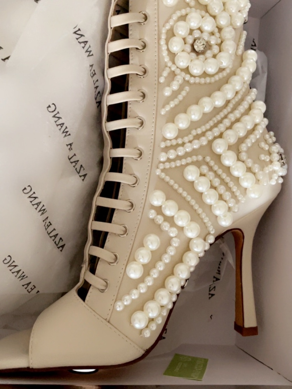 Pearl-Embellished Cream Lace-Up Peep-Toe Stiletto Booties - Picture 5 of 9